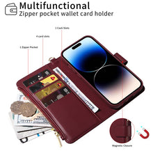 Carica l'immagine nel visualizzatore di Gallery, Casekis Cardholder Case with Wrist Strap,Compatible with MagSafe,Zipper Pocket,Red Wine