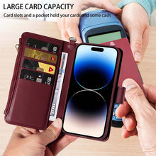 Carica l'immagine nel visualizzatore di Gallery, Casekis Cardholder Case with Wrist Strap,Compatible with MagSafe,Zipper Pocket,Red Wine