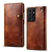 Load image into Gallery viewer, Genuine Cowhide Leather Button Flip Phone Case For Samsung Galaxy S21 Ultra 5G - Casekis