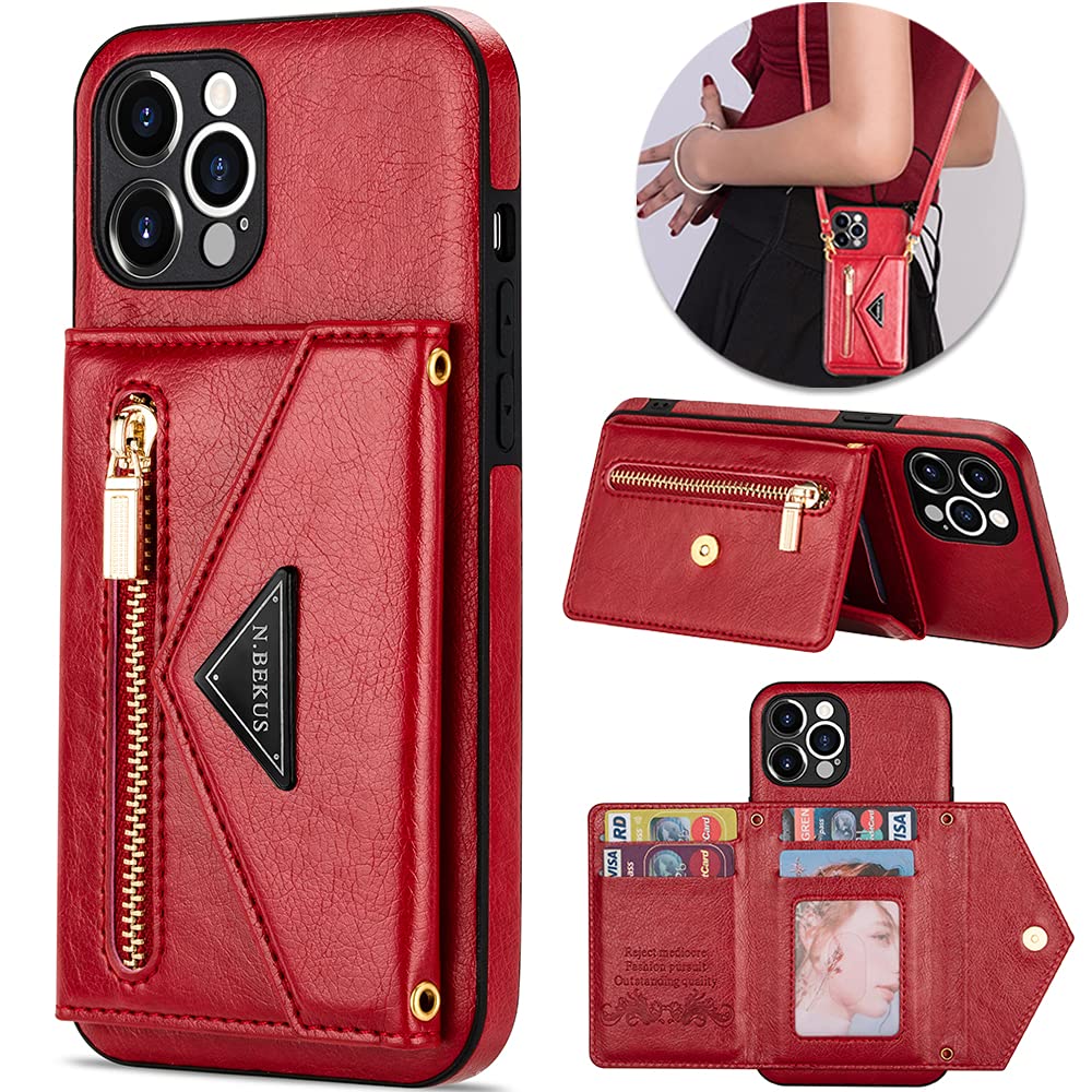 Casekis Crossbody Strap Leather Magnetic Wallet Phone Case Red