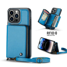 गैलरी व्यूवर में इमेज लोड करें, Casekis Zipper Crossbody Wallet RFID Phone Case Blue
